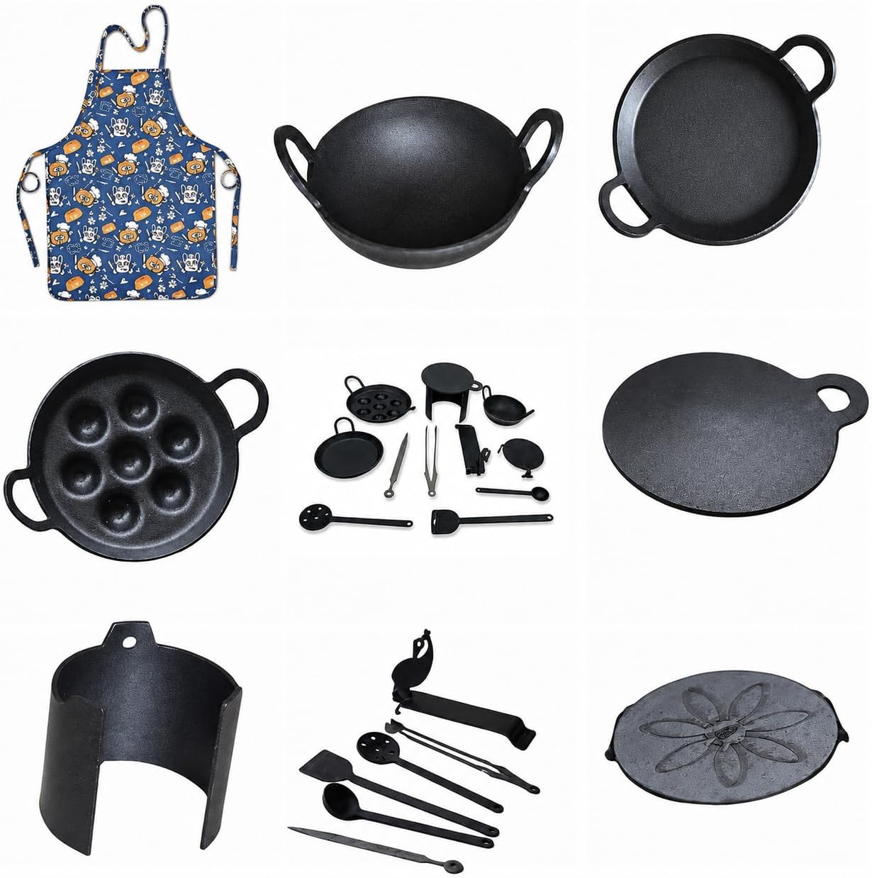 Iron Miniature Cooking Set, 12 Pieces, with Kids Apron