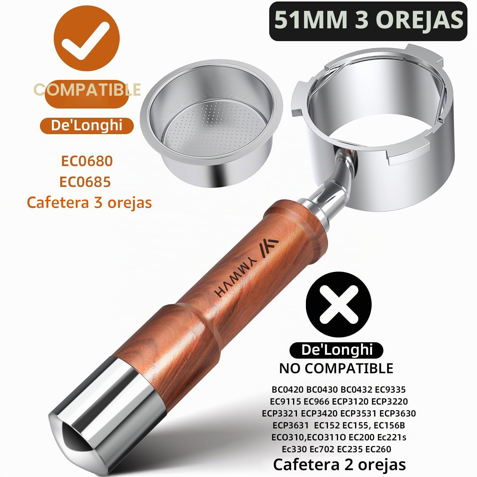 Portafiltro sin fondo Espresso de 51 mm, 3 orejas, apto para máquina de espresso Delonghi Dedica EC680, EC685 y EC885, portafiltro sin fondo de acero inoxidable 100%, con pantalla de disco y filtro de