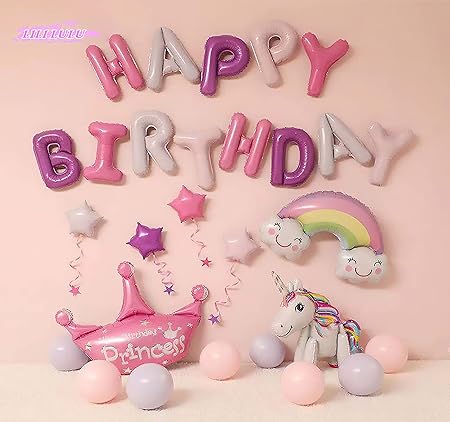 Amazon Lililulu 誕生日 飾り付け 女の子 セット ユニコーン ハッピーバースデー 飾り付け パーティー 風船セット Happy Birthday アルファベット 可愛い 虹 雲 子供用ラテックス 風船 バルーン おもちゃ