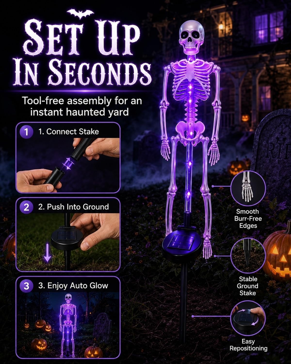 Solar Skeleton Yard Stake 28" Halloween Garden Light Bones Figurine 3D image 4