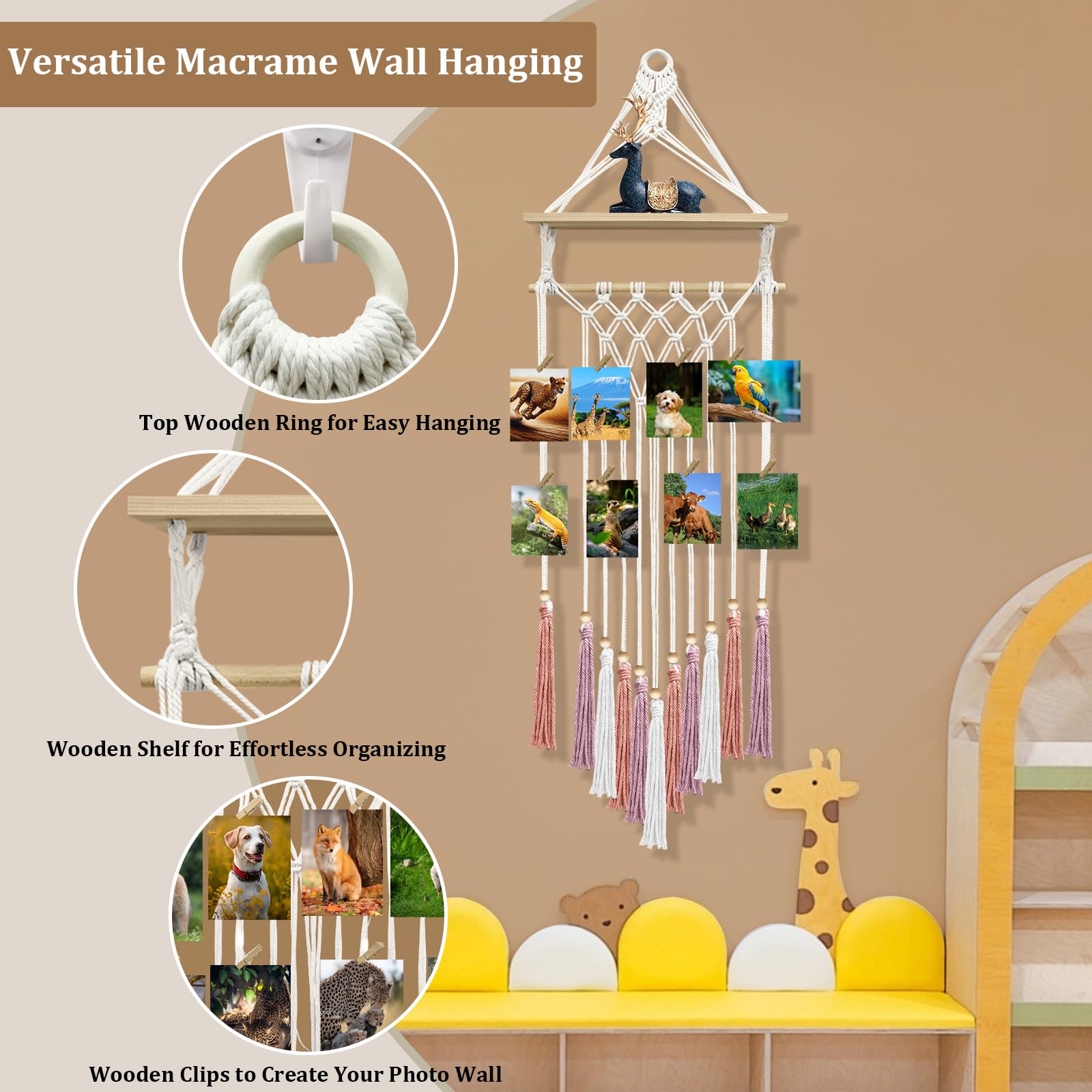 Makramee Wandbehang Bohemian Foto Display Halter mit Holzregal Quasten Dekorative LED Lichterketten Haken 20 Clips Boho Kunst Bild Karte Aufhänger Handgemachte Tapisserie Romantisches