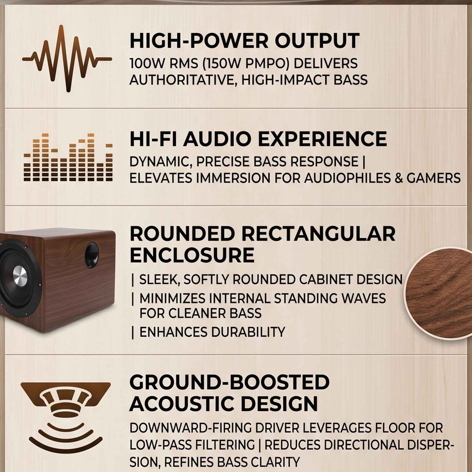 Bewinner Subwoofer Alimentato da 6,5 ​​pollici, Altoparlante per Bassi Attivi da 100 W RMS con Audio a Bassa Frequenza Profondo Potenziato da Terra per Home Theater, Giochi, Musica, (Spina europea)