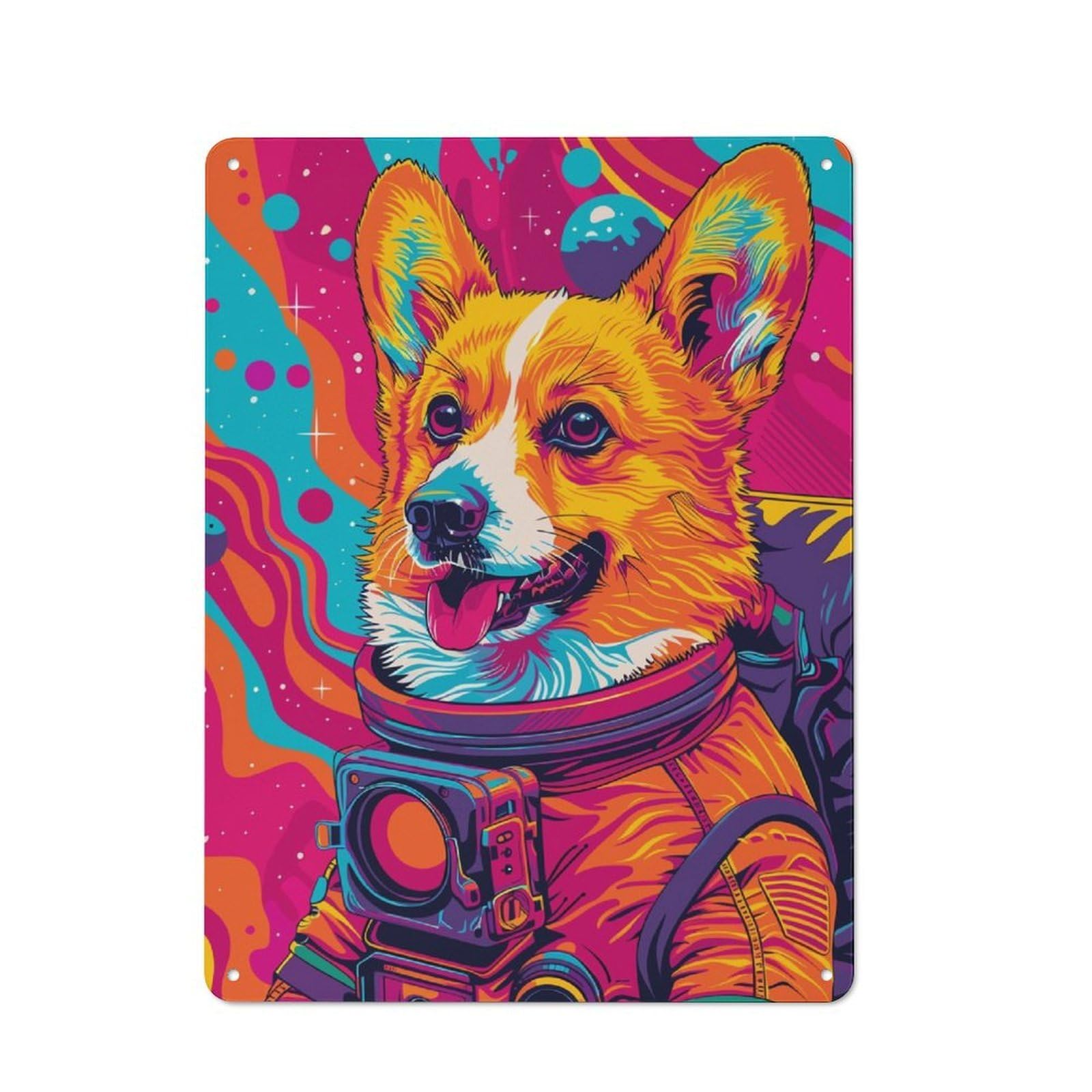 Junmoney Astronaut Corgi Space Tin Wall Plaque 40X30cm With For Pub Or Café, Suited To Pub Decor Enthusiasts, For Retro Home Interiors