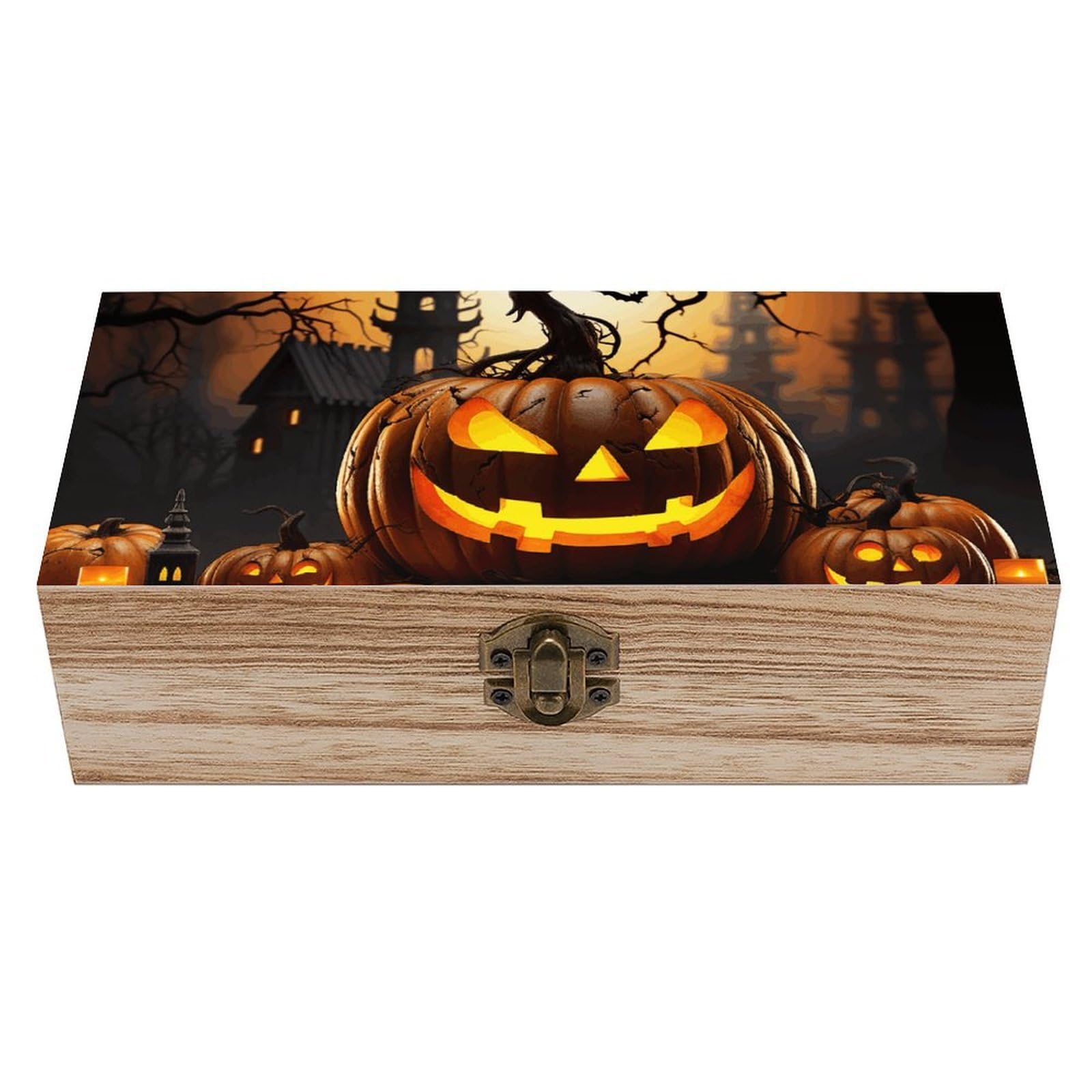 FekiLoot Halloween Pumpkin Wooden Keepsake Box Decorative Wood Storage Organizer with Hinged Lid Large Handmade Boxes Wedding Memory Treasure Box for Jewelry Photos Stamps Crafts