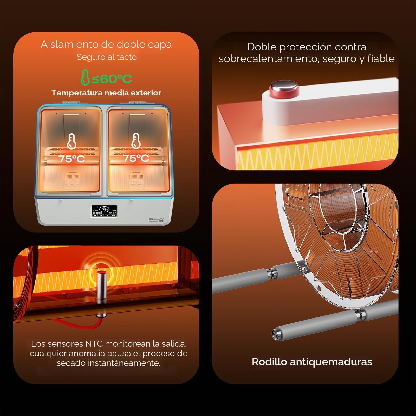 Creality Secador de Filamento para 4 Bobinas, SpacePi X4L Filament Dryer, Doble Cámara de Calentamiento Independiente, Temperatura hasta 75 °C, Caja de Secado para PLA PETG ABS TPU PA