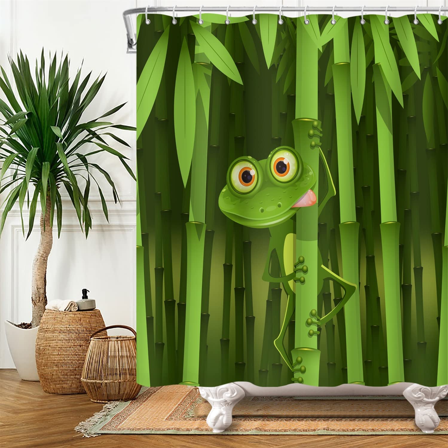 SDOTPMT 180x198cm Cute Frog Shower Curtain Funny Frog Bamboo Cartoon Animal Abstract Tree Leaves Bath Curtain Green Bathtub Curtain for Kids Bathroom Fabric Polyester Waterproof with Hooks - Image 2