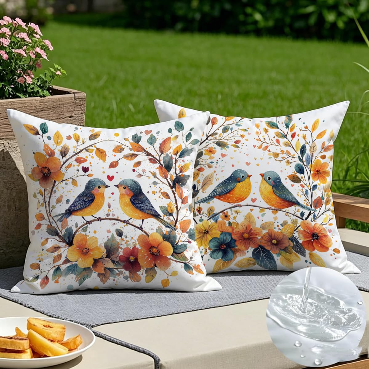 Housse de coussin 60x60 lot de 2 blanc motif oiseau en lin avec fermeture éclair invisible