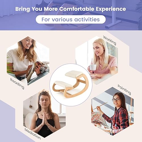 Miniatura 9 de GOFLAME Silla ergonómica para arrodillarse, mecedora de madera con cómodo cojín de asiento acolchado y soporte de rodilla para oficina en casa,