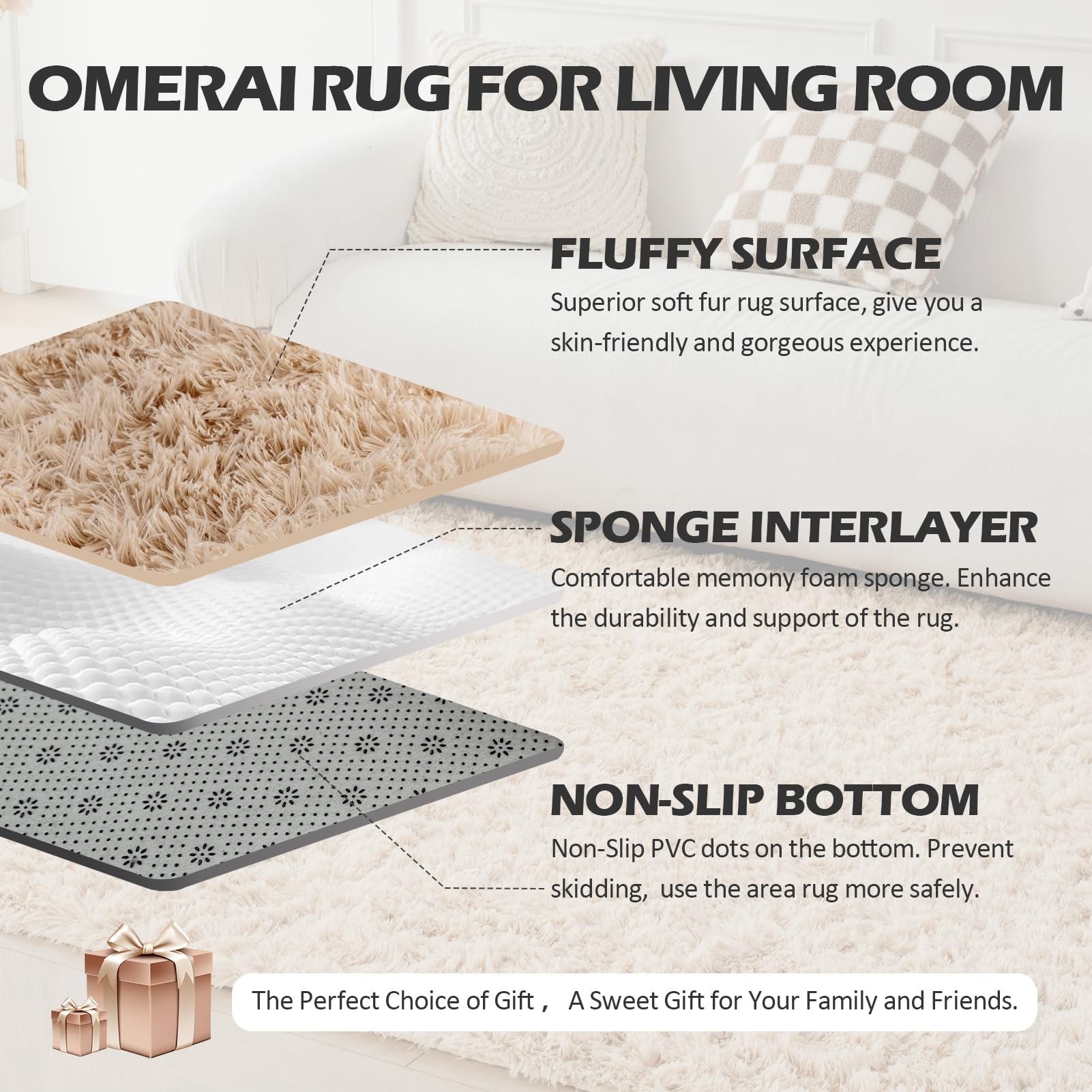 OMERAI Tappeto Soggiorno Morbido Tappeti Camera Soggiorno Pelosi Camera da Letto Morbido Tappeti Soffici in Velluto per, Adatto per Tappeto per Soggiorno Beige 150x240cm