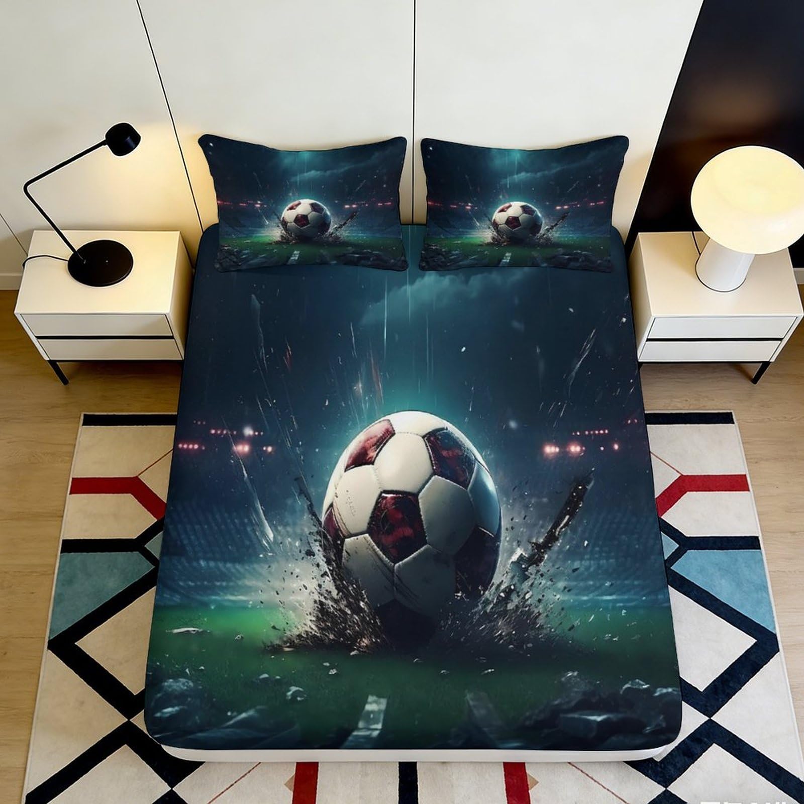 3D Printed Soccer Stadium Fitted Sheet Microfiber Soft Breathable Football Splash Mattress Cover Bedroom Decor 90x200x25cm