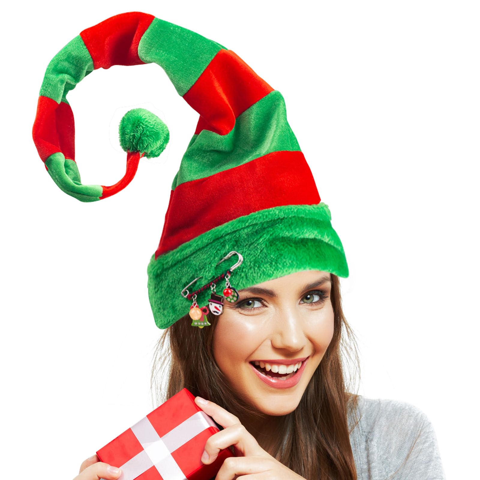 BigOtters Christmas Elf Hat, Long Striped Felt Hat with Cute Brooch Pin for Kids Adults