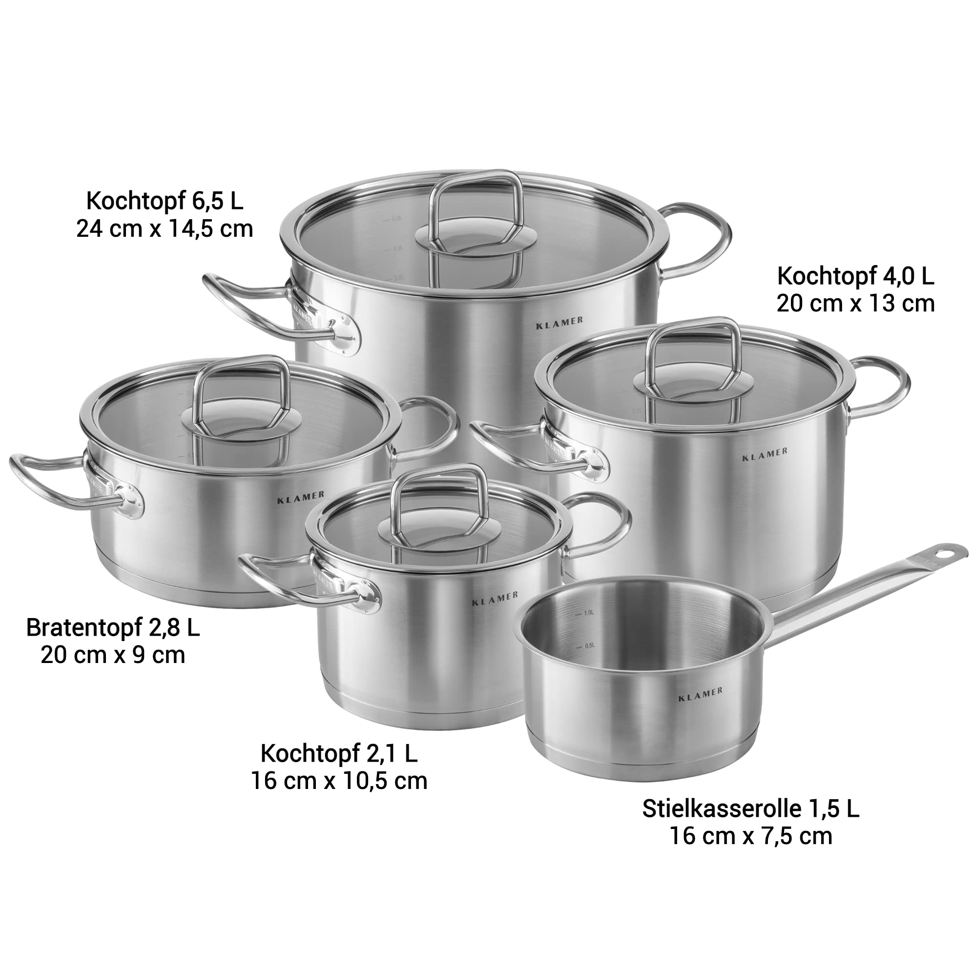 KLAMER Topfset Induktion 5-teilig – Premium Edelstahl Kochtopf Set mit Glasdeckel, unbeschichtet & spülmaschinengeeignet, energiesparend, backofenfest & mit Messskala