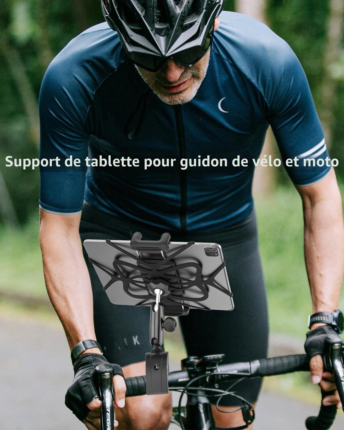 Support Tablette Moto, Universel Support Tablette pour Pied de Micro/Fauteuil Roulant/Tapis de Course/Poussette, 360° Fixation sur Guidon Porte pour 4-13" iPad Pro Air Mini, Galaxy, iPhone