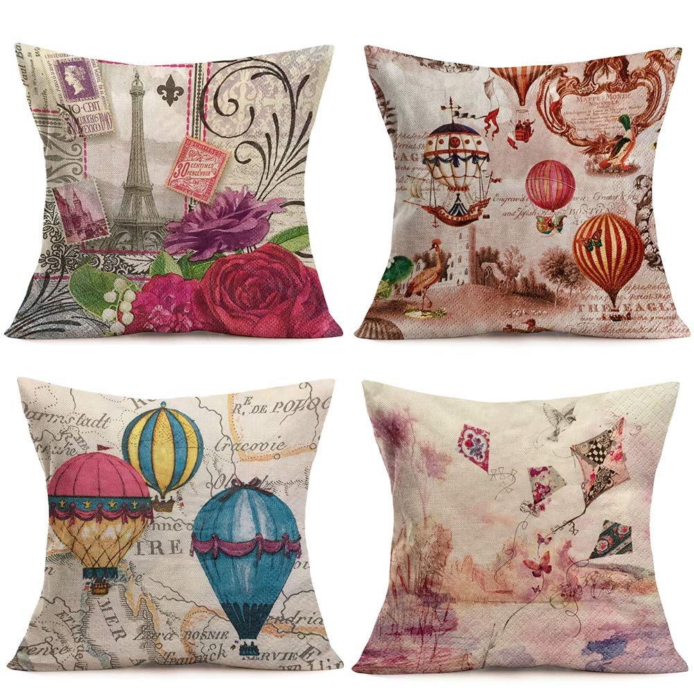 Hopyeer 4Pcs Vintage Romantic Paris Trip Classical Postcards Hot Air Balloons Kites Throw Pillow Covers Decor Cotton Linen Europe Map Eiffel Tower Xmas Valentine Pillowcase for Sofa18"x18" (RP-Paris)