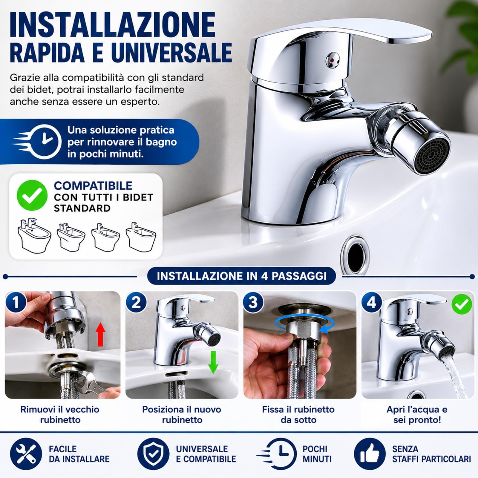Rubinetto Monoforo Bidet Miscelatore Monocomando Bagno in Ottone Cromato | Design Moderno, Facile da Installare, Alta Resistenza, Finitura Elegante 52330A