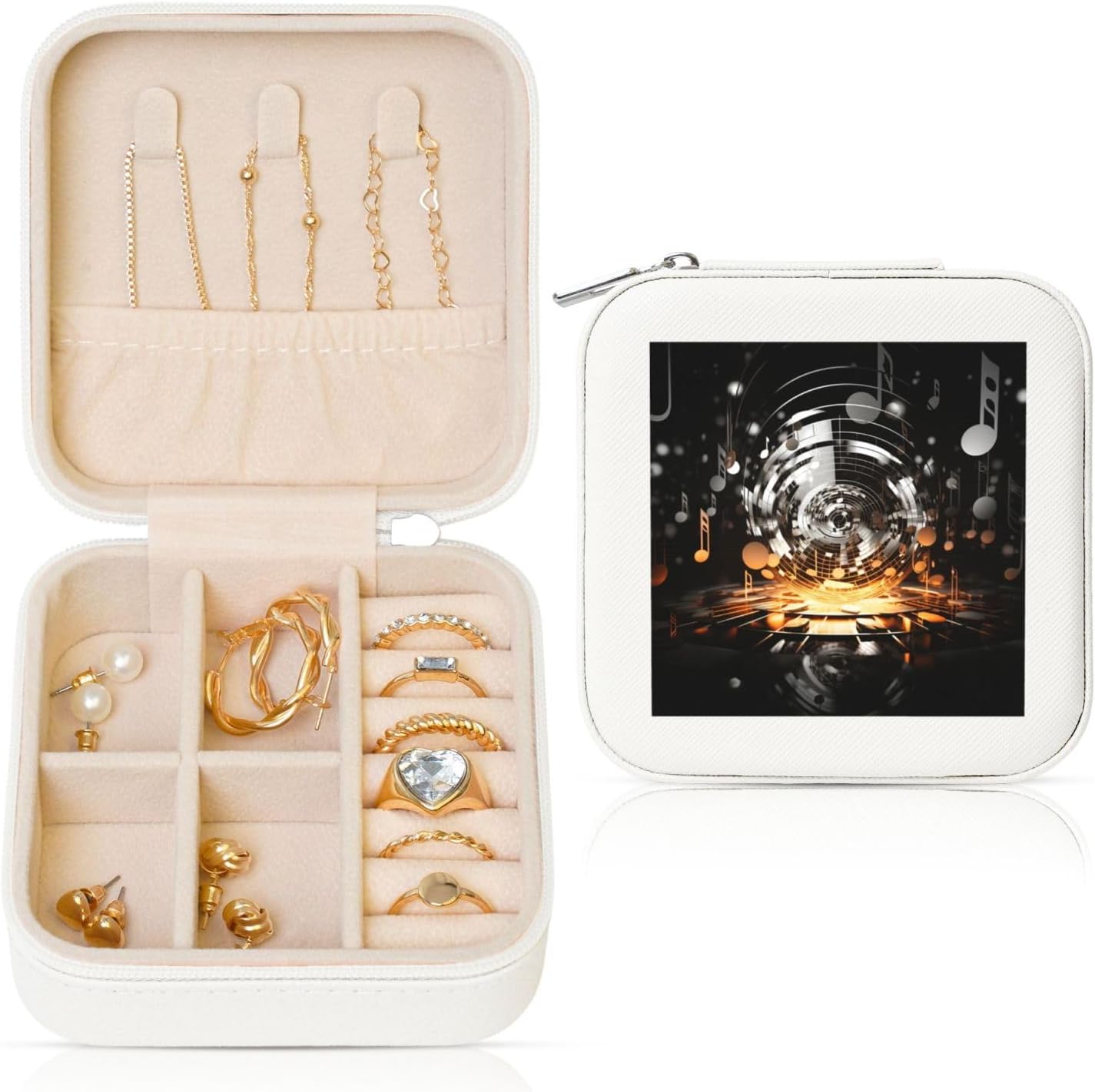 Jewelry Box for Women PU Leather Small Jewelry Organizer Box with Zipper Mini Travel Case Musical Theme Music Clefs Display Storage Holder Boxes for Earrings Rings Necklaces Bracelets