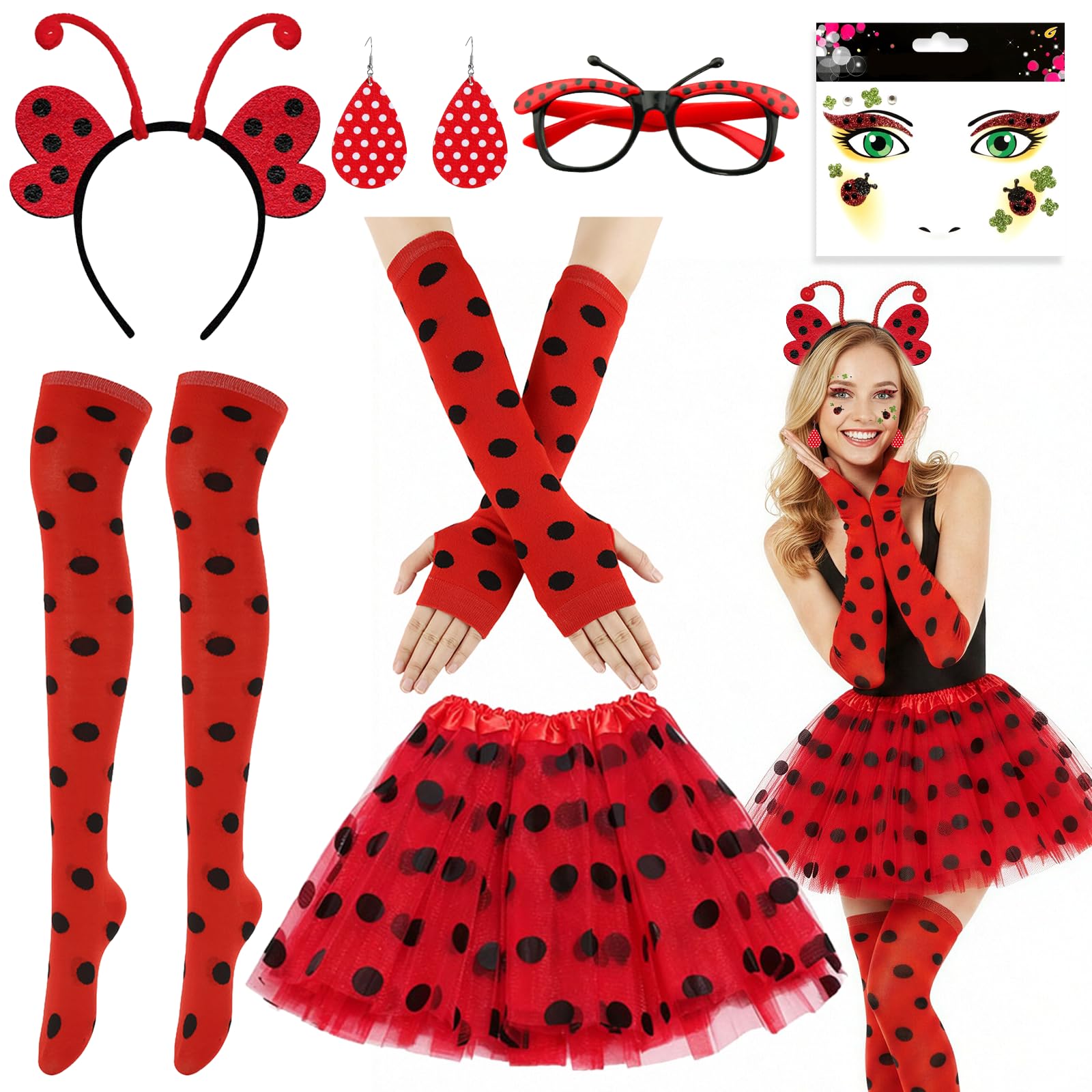 Ladybug Costume Women, 7Pcs Ladybird Costume Adult with Ladybug Headband Red Black Dot Skirt Socks Gloves Face Stickers Earrings Bee Glasses, Lady Bug Costume for Halloween Animal Fancy Dress