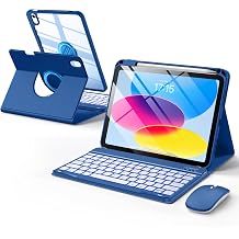 Wenlaty for iPad A16 11th/10th Generation Case with Keyboard & Mouse, 360 Rotating Magnetic Detachable Cover with Pencil Holder, 7-Color Backlit Keyboard and Mouse for iPad 11 inch/10.9", Navy Blue
