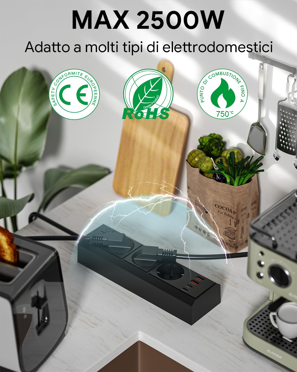 WENTONG Ciabatta Multipresa con 3 Schuko e 4 USB, Presa Multipla con Interruttore e 1.5 M Cavo, 2500W Multipresa da Scrivania Piatta 10A, per Ufficio, Famiglia, Cucina e Viaggio