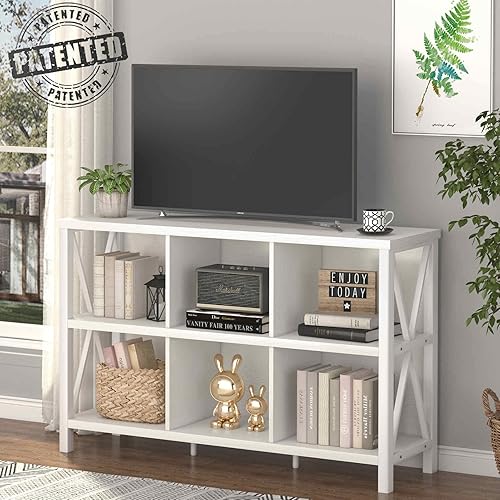 Miniatura 2 de FATORRI Organizador de almacenamiento de 6 cubos con estante, estantería larga de madera y metal, estantería horizontal industrial (roble blanco, 47