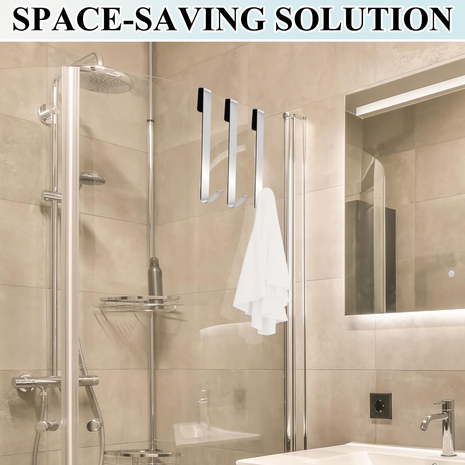 Set di 3 Ganci da Doccia in Acciaio Inox, Ganci per Asciugamani da Bagno,senza Forature, Ganci per Doccia in Vetro con Imbottitura di Protezione, per Doccia in Vetro, Camera da Letto, Cucina