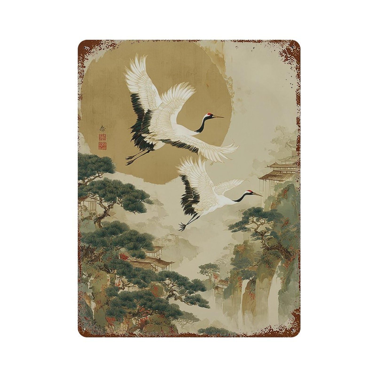 xiaoxiaoshen Japanese Crane Traditional Ink Wash Bird Asian Nature Zen Landscape Minimal Inte Wall Decor Art Metal Tin Poster Modern Home Decor Art Home Bar Shop Decorations Vintage Sign 40x30cm