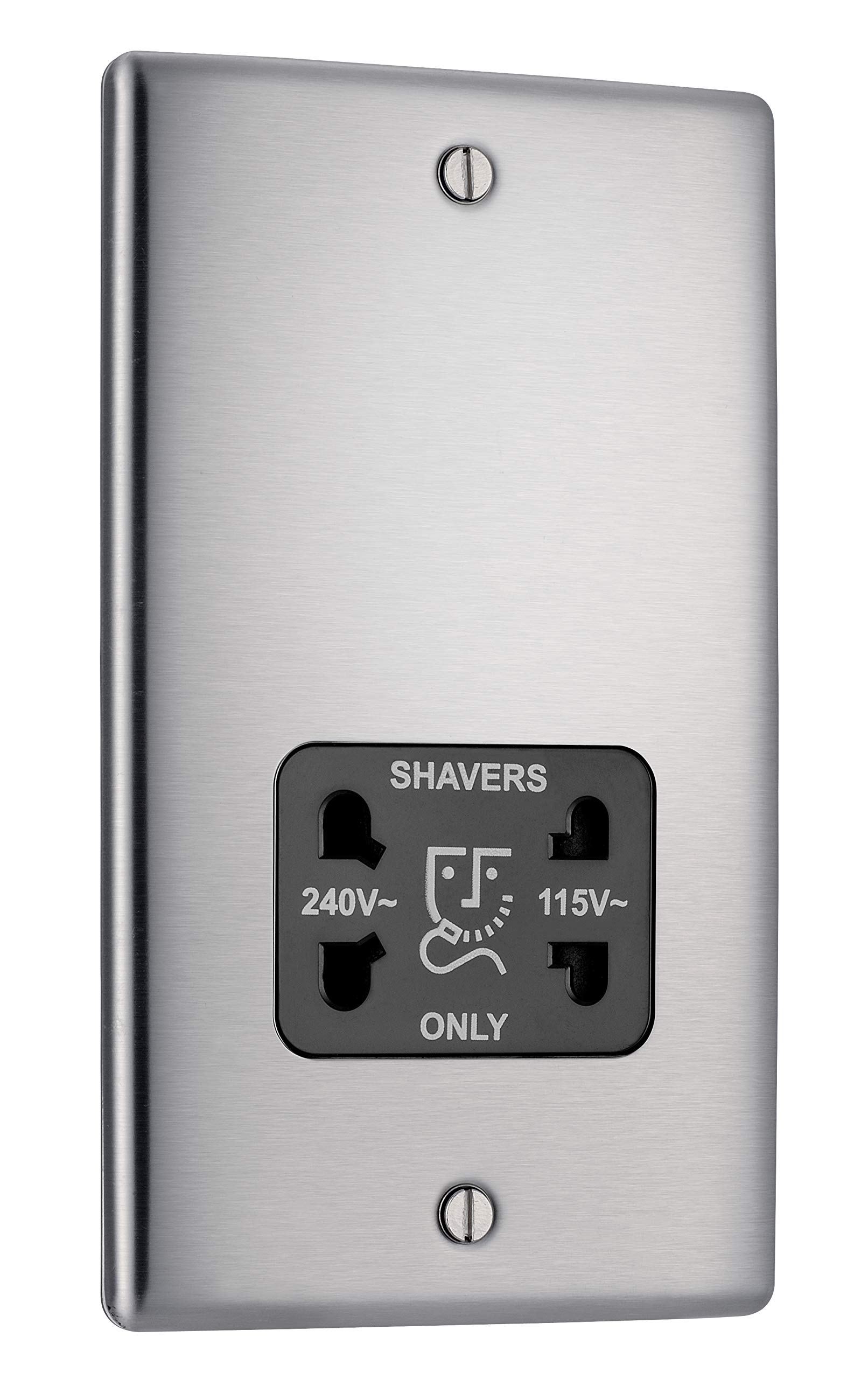 BG Nexus NBS20B Brushed Steel Satin Chrome Dual Voltage Shaver Socket 115/230V