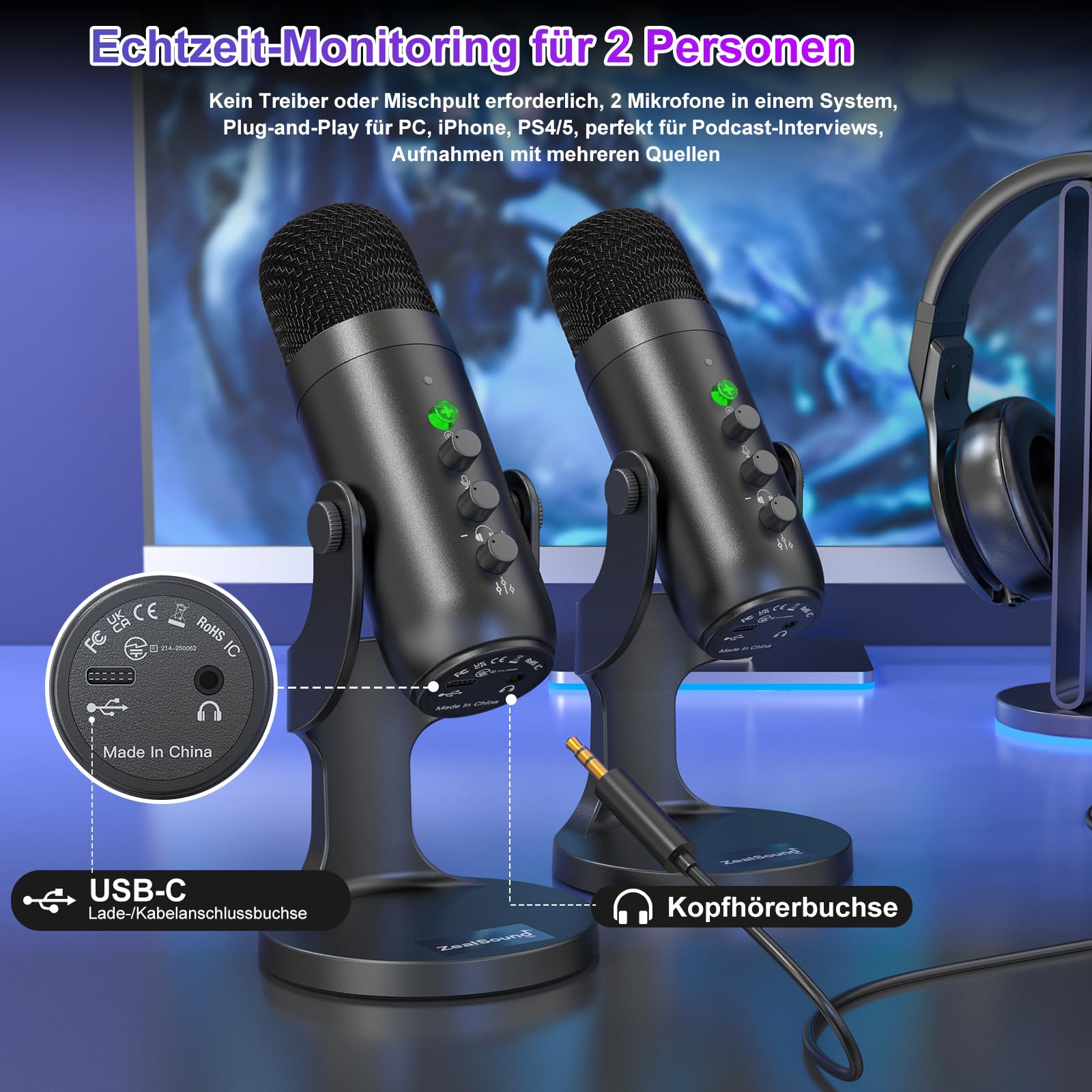 zealsound 2-in-1 Wireless USB Mikrofon für Podcast Interviews, Dual-Live Stream, Aufnahmen, Gaming-Co-Kommentare, YuTuber, Dual 2.4GHz Drahtloses Mikrofone Plug & Play für PC, Handy, iPhone