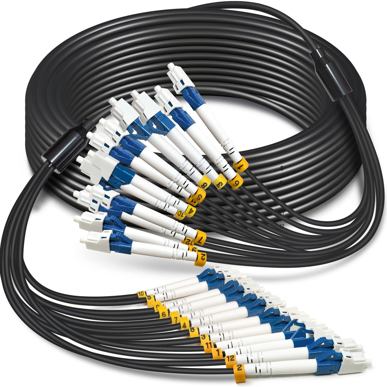YUTIANHOME 30 Meters 12 Core Industrial TPU LC to LC Outdoor Armored Fiber Optic Cable, 12 Strands OS2 Single Mode Fiber Patch Cable with LC Connectors, 9/125um, OD-6mm, Direct Burial LC-LC