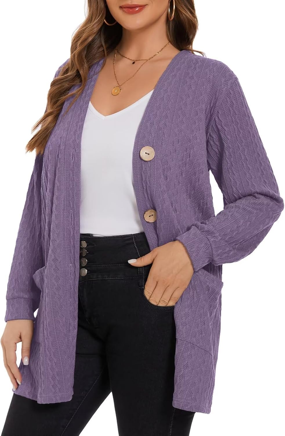 LARACE Open Front Cardigan for Women Cable Knit Sweater with Pockets Plus Size Long Sleeve Tops Button Down Winter Coat - Image 2