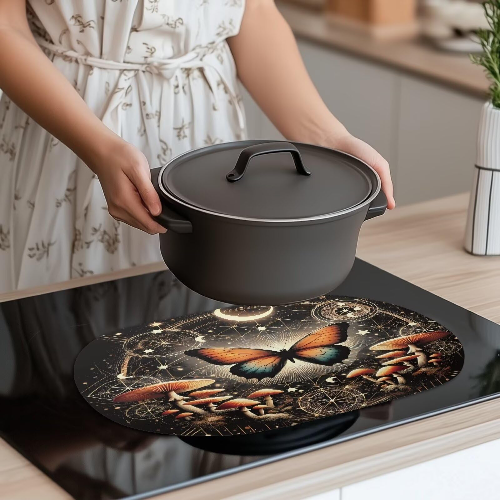 Poceacles Set di 6 tovagliette in finta pelle, resistenti al calore, antimacchia, antigraffio, ovali, 46 x 31 cm, per cucina, tavolo da pranzo, decorazione, farfalla, fungo, luna, stella
