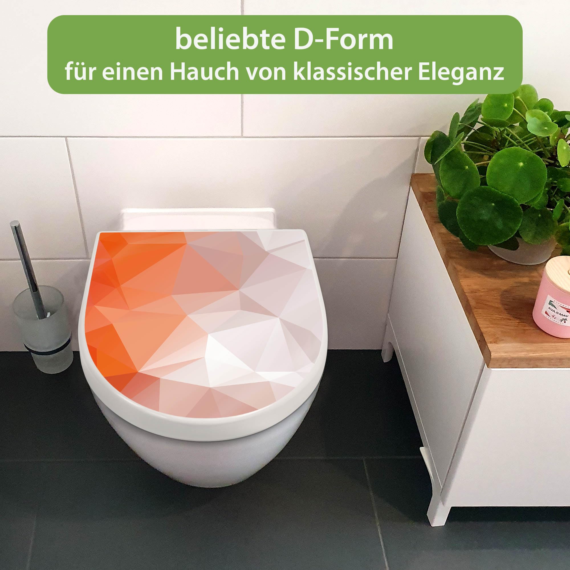 banjado WC Sitz mit Absenkautomatik D Form - Toilettendeckel mit Absenkautomatik D Form - Klodeckel Softclose - stabile Klobrille - Toilettensitz Weiß - Motiv Orange Polygon