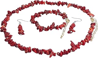 مجموعة مجوهرات من الحجر الطبيعي، سلسلة خرز وسوار وحلقان فضية