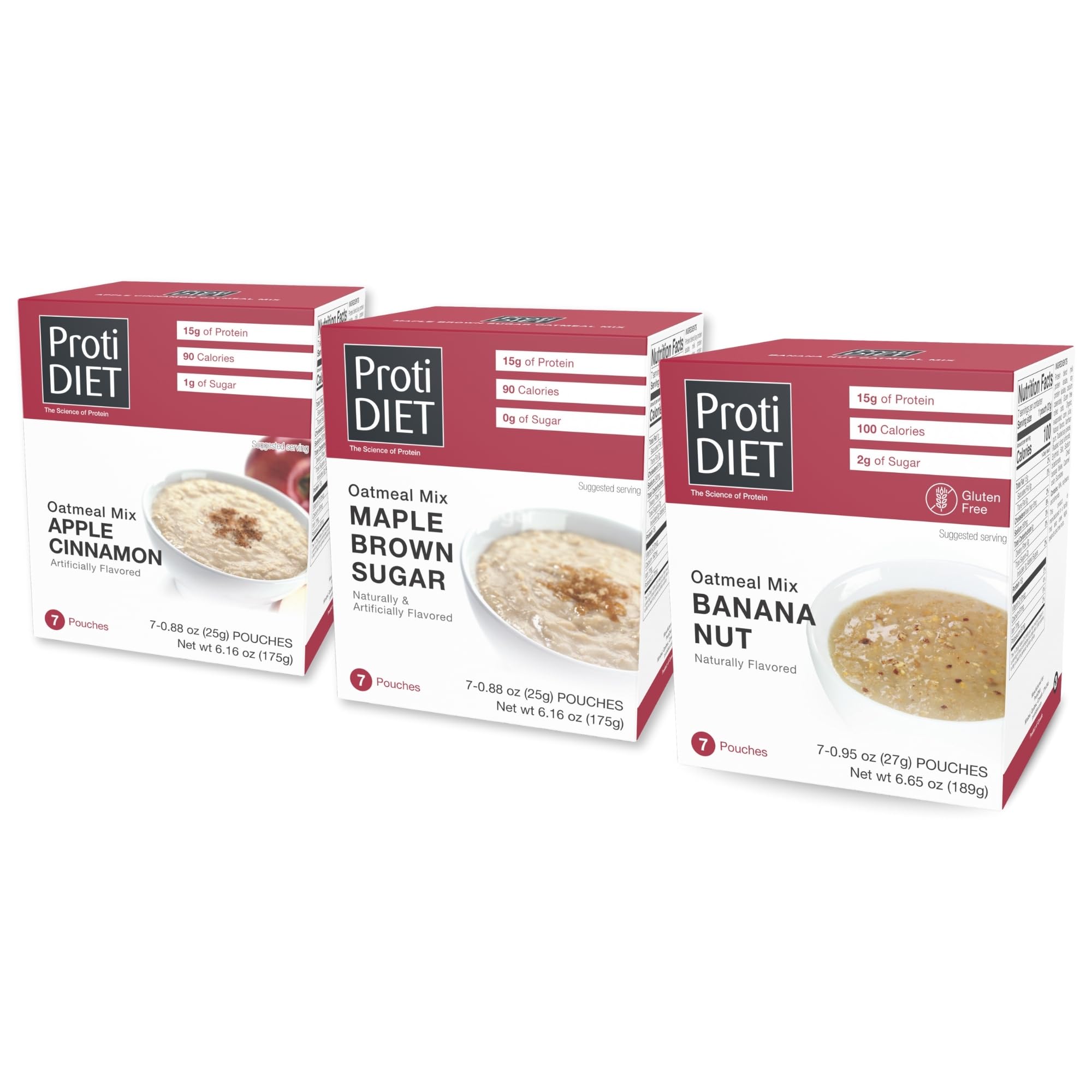 ProtiDIET High Protein Oatmeal Variety Pack - Apple Cinnamon, Maple Brown Sugar and Banana Nut - High Fiber, Low Calorie Diet for Adults - 7 Pouches Each Box