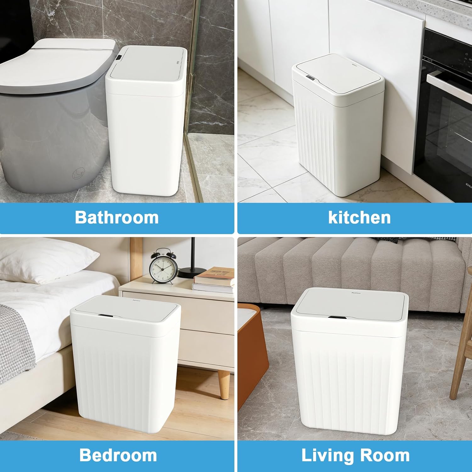 Naisu 4 Gal Bathroom Trash Can with Lid,Automatic Garbage Can with Touchless and Sealed Design,Slim Motion Sensor Waterproof Plastic Trash Bin Suitable for Bedrooms,Bathrooms,Kitchens（2 Pack, White）