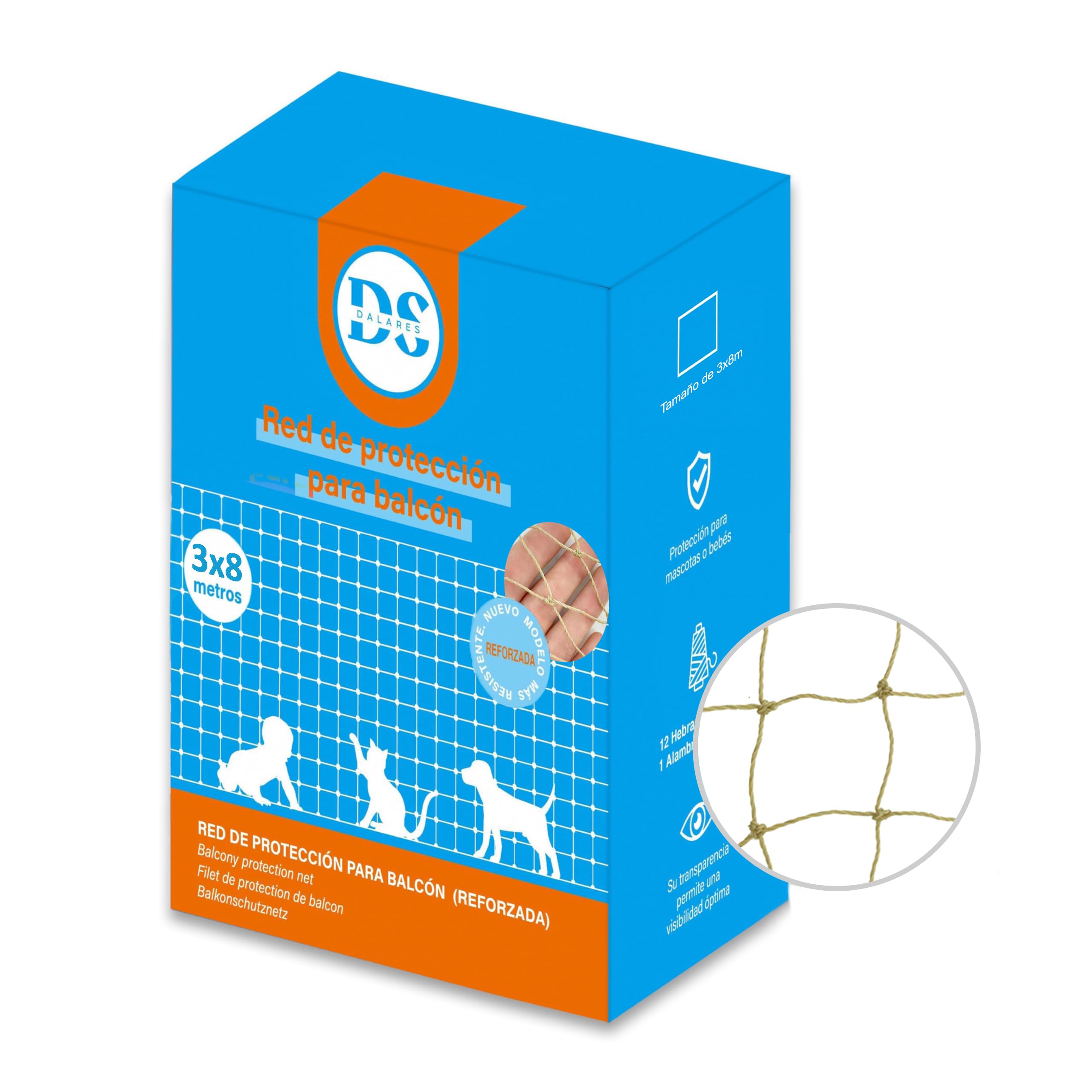 DALARES Red para Gatos Reforzada | 8x3m | Beige | Red Gatos de 12 Hebras+Alambre | Red de Seguridad para Gatos | Malla para Gatos Ventanas, Balcón | Red para Gatos Terraza con Kit de Instalación