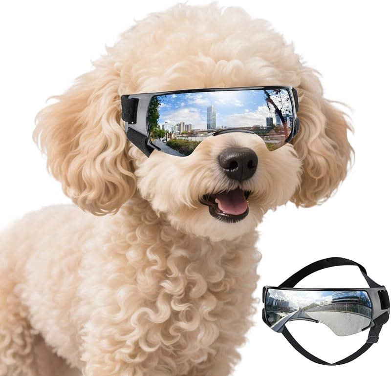 Óculos de Sol para Cães Pequenos PETLESO com Proteção UV400, Antirrisco de Vento e Ajuste Regulável, Cool Silver