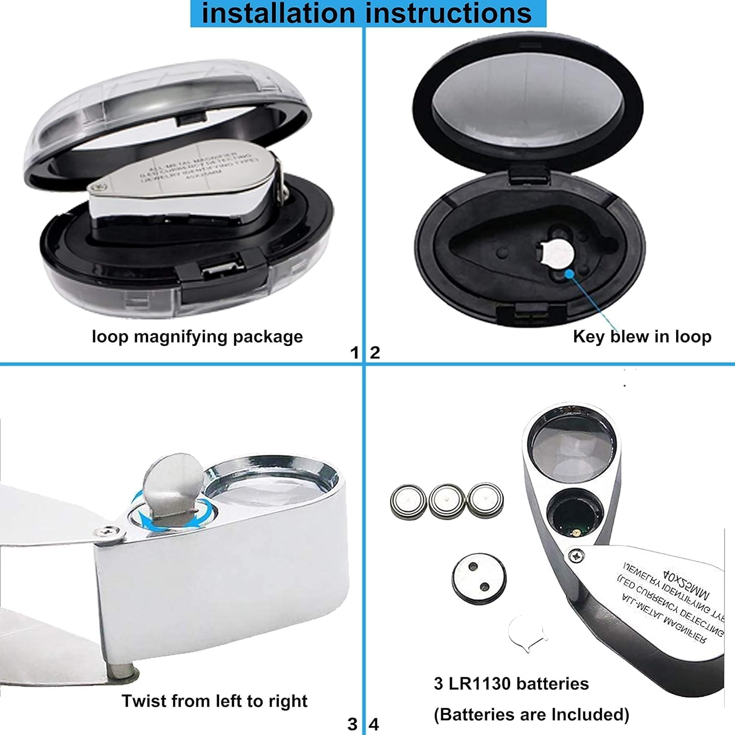 40X Illuminated Jewelry Loupe Magnifier – Metal Folding Pocket Magnifier with LED Light – Handheld Magnifying Glass for Jewelry, Coins, Stamps & Inspection