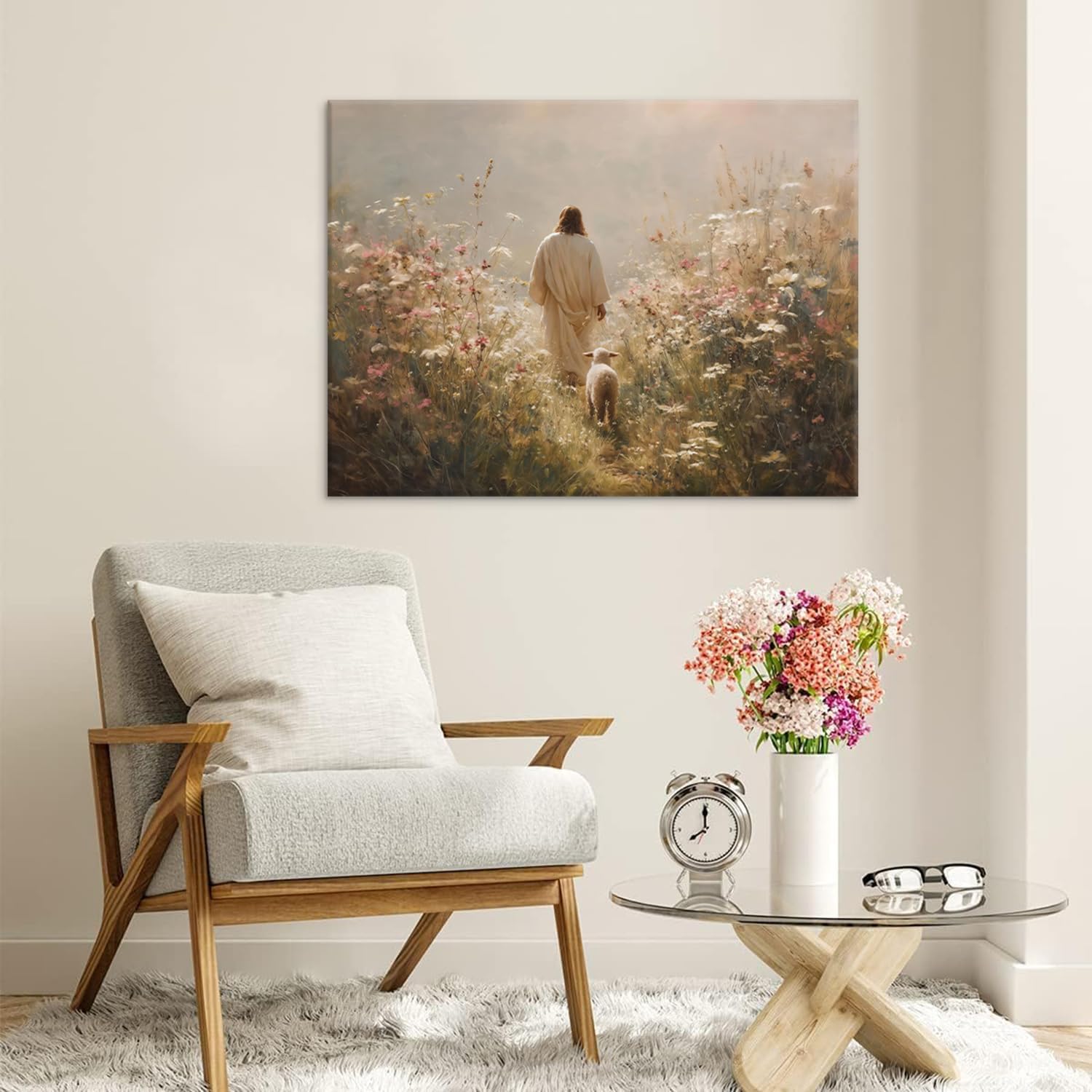 Jesus Leaves the 99 Sheep Wall Art The Lost Sheep Bible Stories Painting picture Wall Decor religion Christian Wildflowers Poster Print Artwork for Church LDS bedroom Living Home Decor 16x24 in Canvas