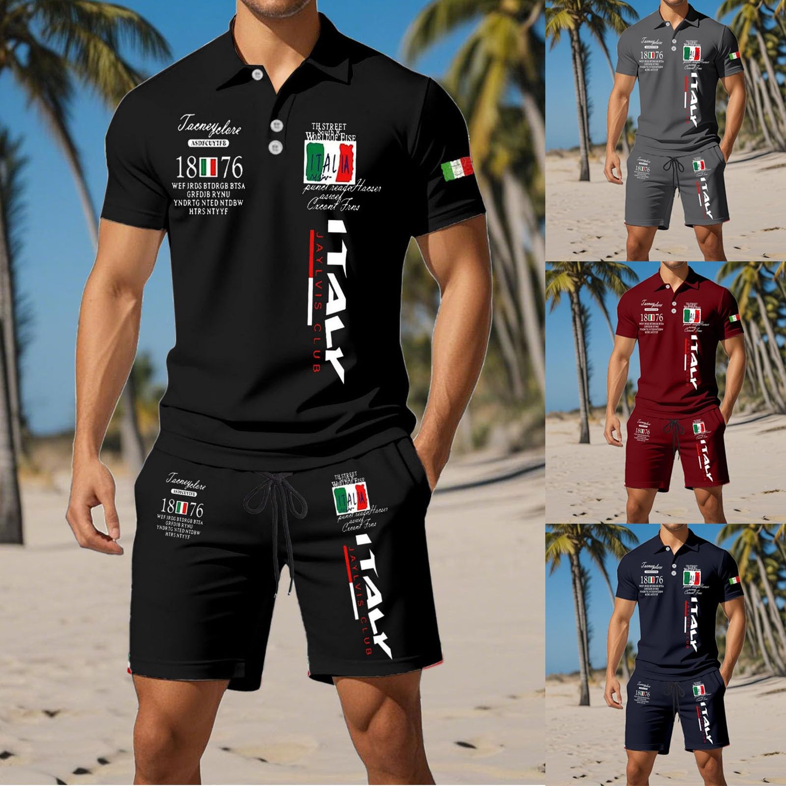 Herren Trainingsanzug 2 Teiler Italien Flagge Aufdruck Fußball Trikot Streetwear Sommer mit Shorts und Poloemd Set Jogginganzug Atmungsaktiv Dünn Sportanzug für Haushalt Sport Und Urlaub