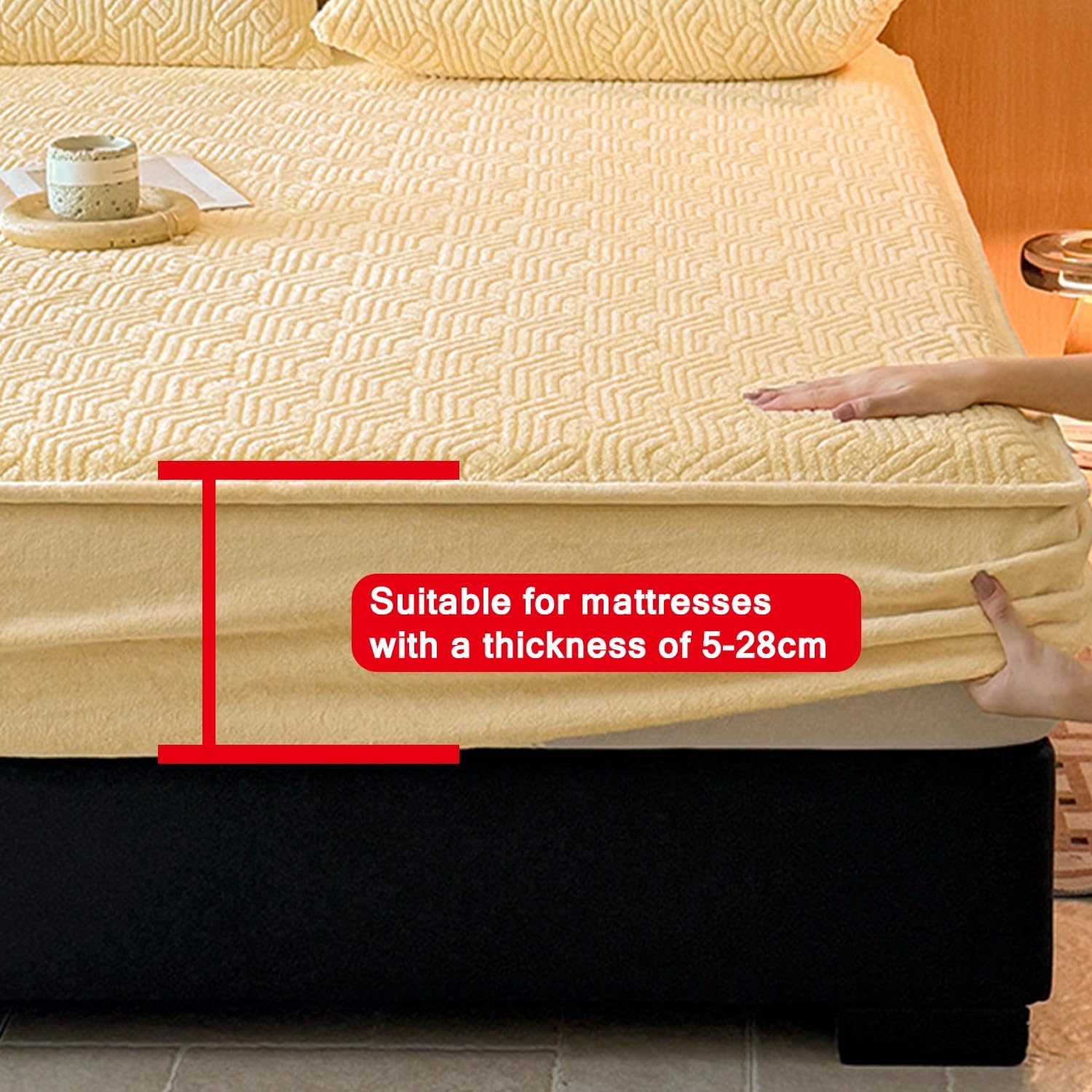 Beige,150 * 200cmQUEEN,LDLCYCN Waterproof Mattress Protector Queen King Size Velvet Fabric Warm Fitted Sheet Bed Cover with Elastic Band Full Wrap Dustproof Mattress Cover with 11" Deep Pocket