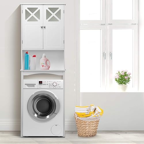 Miniatura 9 de Giantex Armario de almacenamiento sobre el inodoro con 2 puertas y estante abierto, estante de baño independiente con estante medio ajustable y