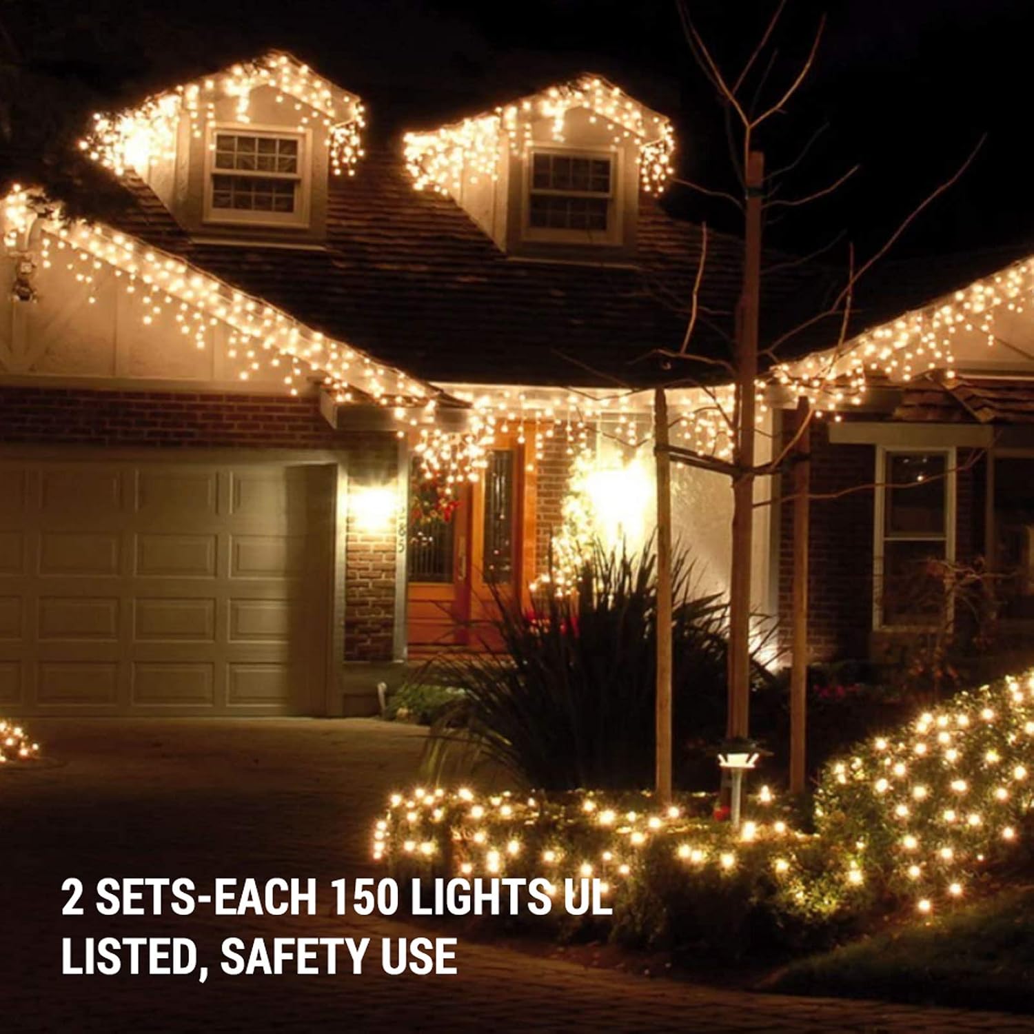 Brizled Christmas Icicle Lights, 17.34ft 300 Count Traditional String Lights, Warm White With White Wire, 120V UL Listed Connectable Indoor Outdoor for Xmas Wedding Home