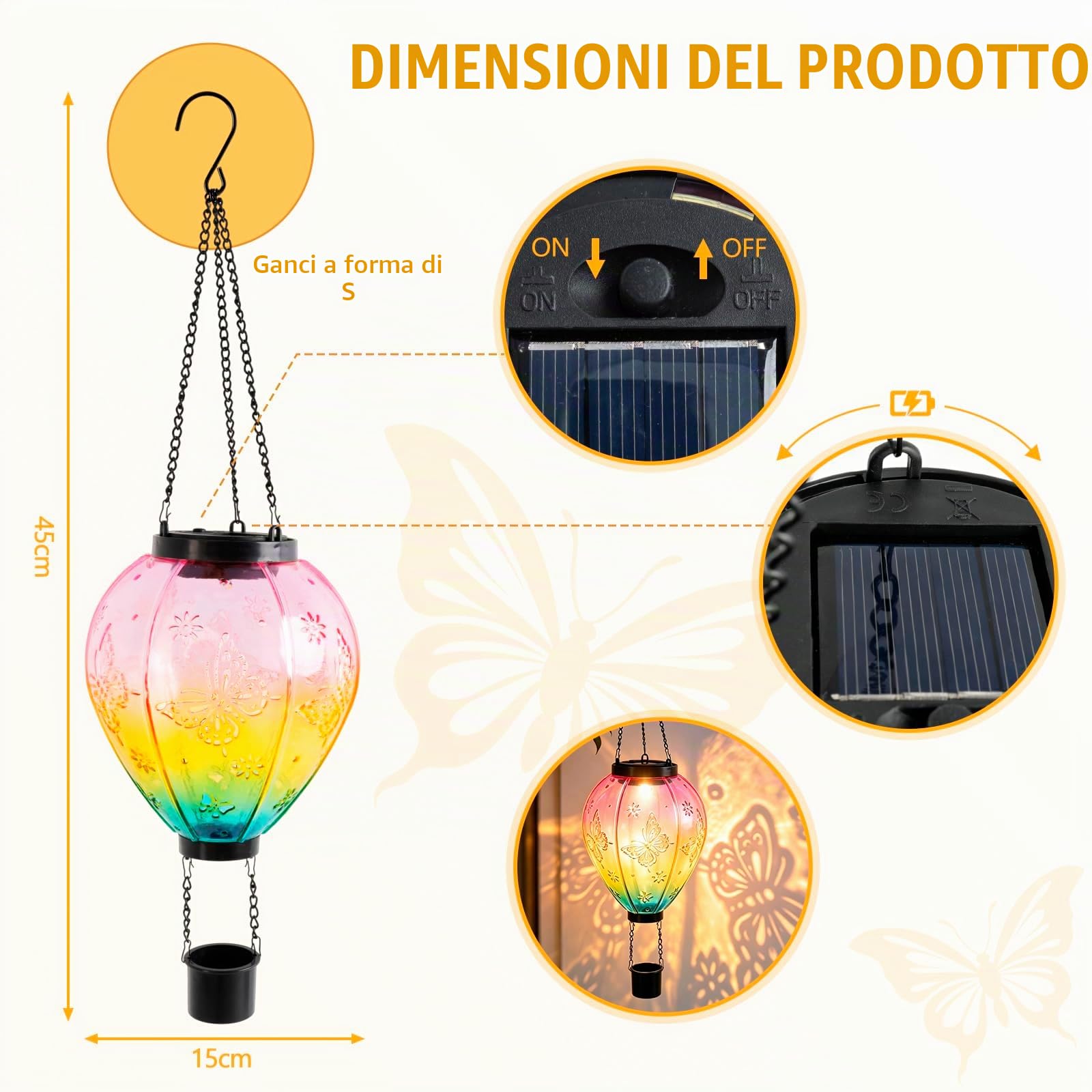 2 Pezzi Lampada Solare a Palloncino Caldo, 45x14 cm Lampada Solare per Esterni, Lampade Solari per Esterni Appendibili, Palloncino Caldo per Decorazione, Sensore di Crepuscolo, Resistente alle
