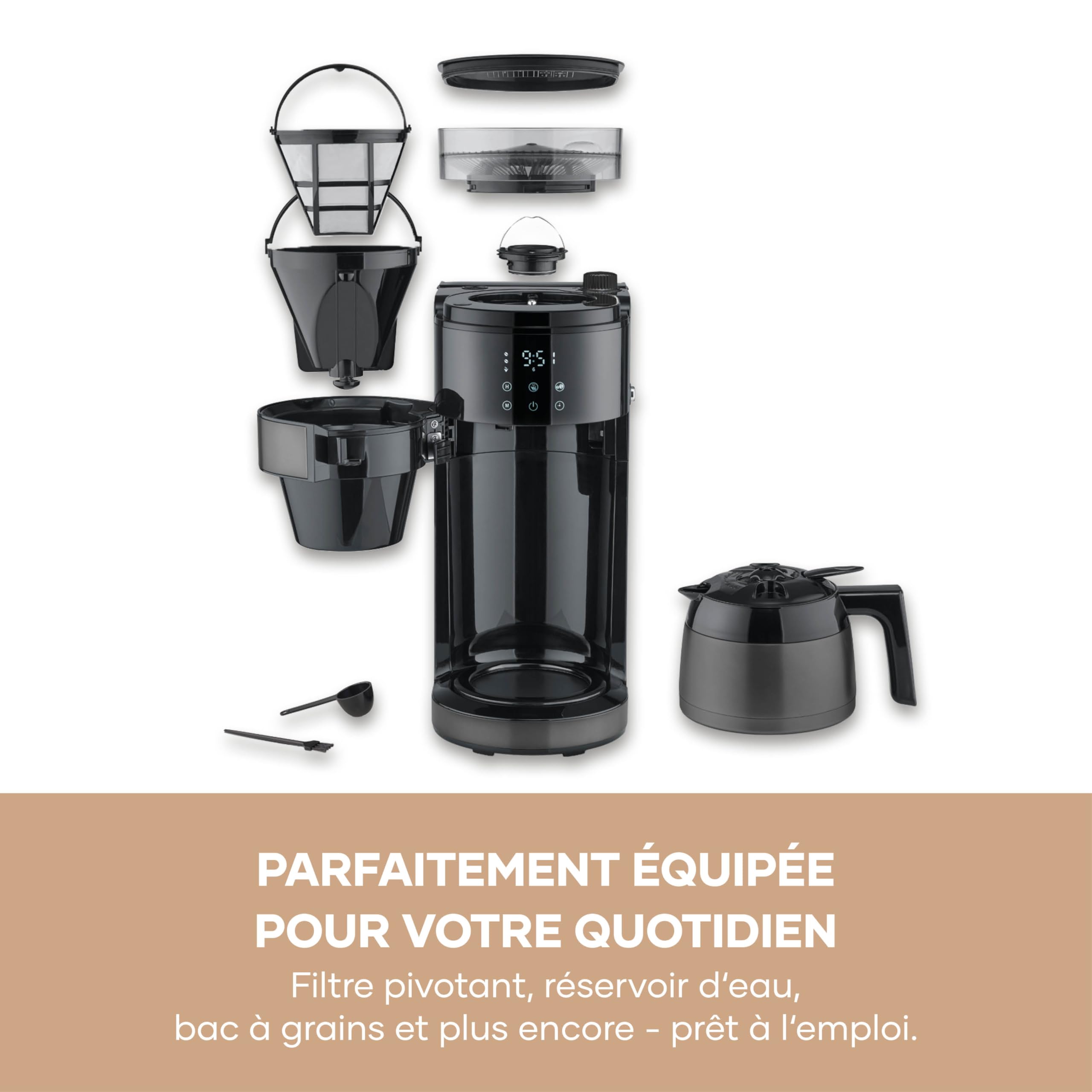 SEVERIN Machine à café filtre avec broyeur intégré et verseuse isotherme - S-Taste AromaOne- 1,25L jusqu'à 10 tasses - Affichage LED tactile - Stop goutte & arrêt automatique - Inox foncé, KA 4831