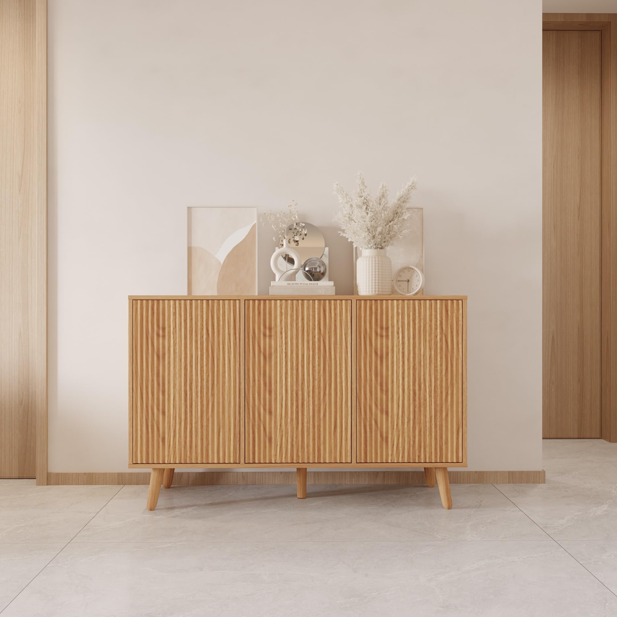 MB Muebles Bonitos, Credenza con ante scanalate Renzo per Soggiorno Sala da pranzo moderno, Design Ondulato, Gambe in Legno, Melamina e PVC, Colore Rovere Alba, 120x76x40 cm
