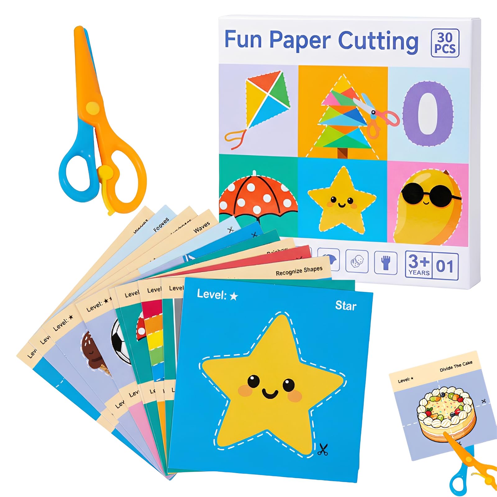 Set Taglio Carta per Bambini, Forbici Sicurezza + 30 Fogli, Attività Didattica Creativa per Asilo e Scuola Materna, Giocattolo Educativo(A)