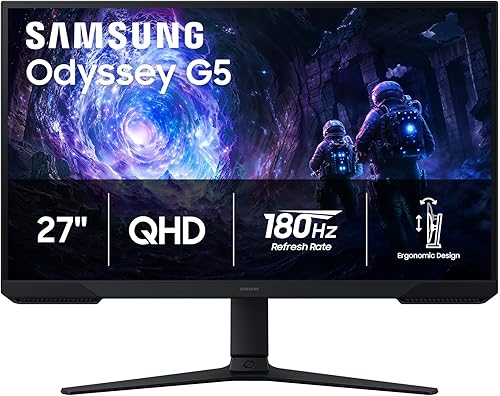 Samsung 27" Odyssey G5 (G51F) Gaming Monitor - QHD (1440P), 180Hz, 1ms, AMD FreeSync, HDR10, Height Adjustable Stand, Black Equalizer, Virtual Aim Point, Auto Source Switch+, LS27FG512ENXZA
