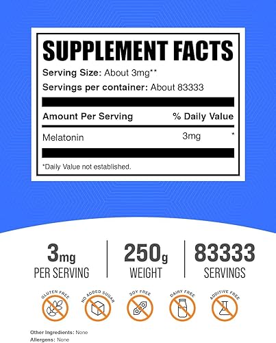 Miniatura 2 de BulkSupplements.com Melatonina en Polvo - Melatonina Pura, Ayuda para Dormir para Adultos - Vegano y Sin Gluten, 3mg por Porción, 250g (8.8 oz)