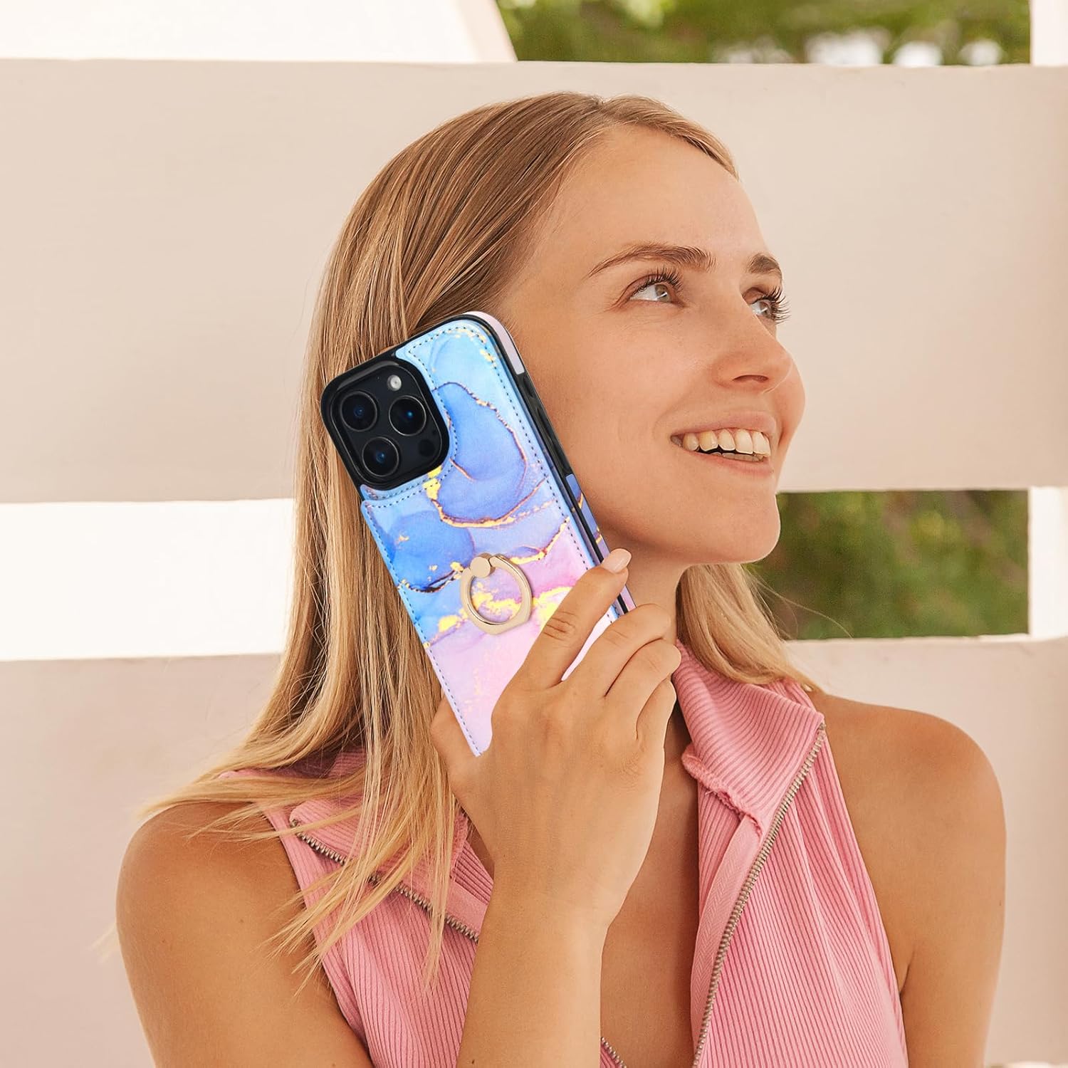 HAOPINSH for iPhone 16 Pro Max Wallet Case with Card Holder, 360°Rotation Ring Kickstand, Pink Blue Marble Pattern, RFID Blocking Leather for Girls Women, Double Buttons Protective Cover 6.9" - Image 7